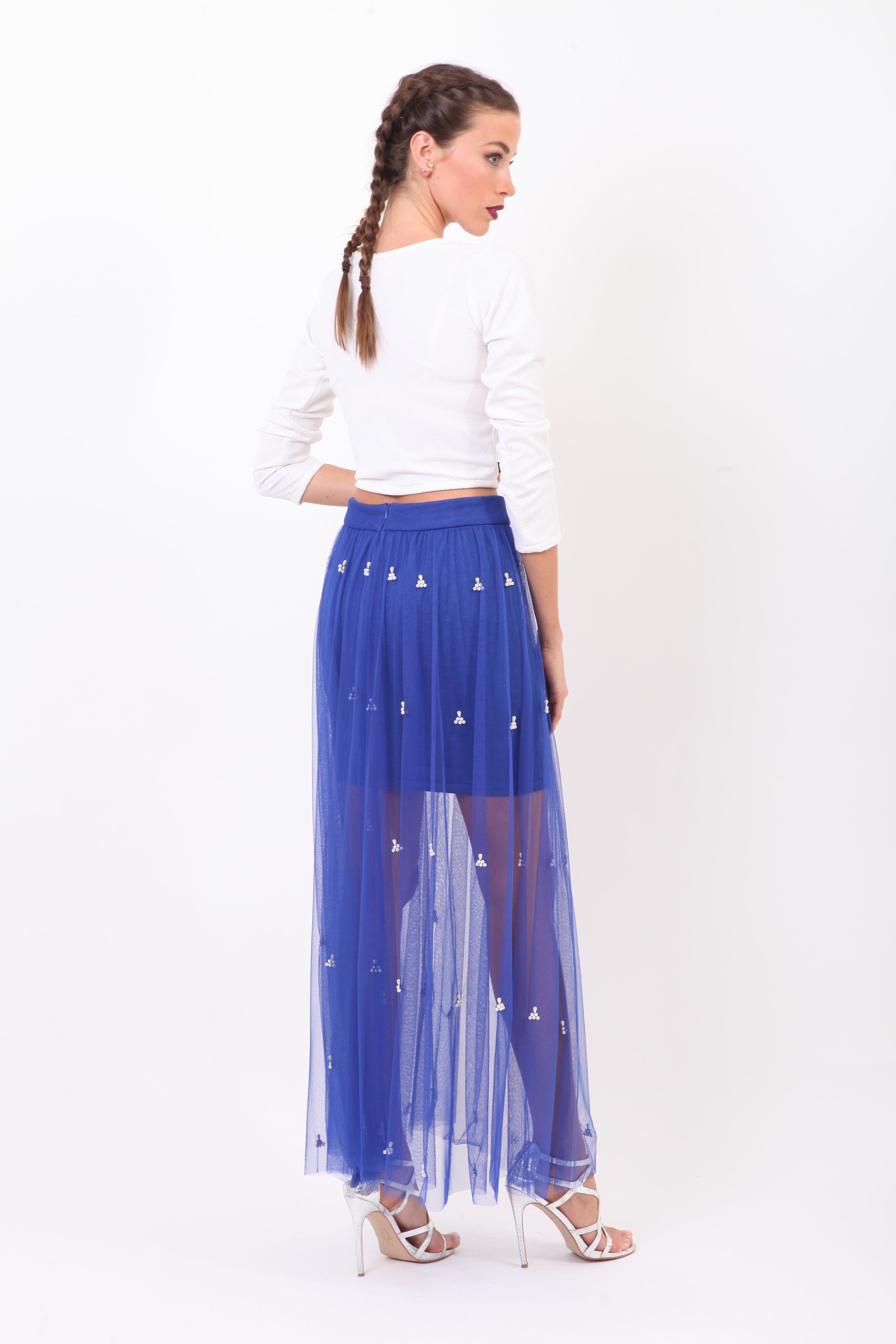 Cobalt Blue Skirt With Pearl Embroidery