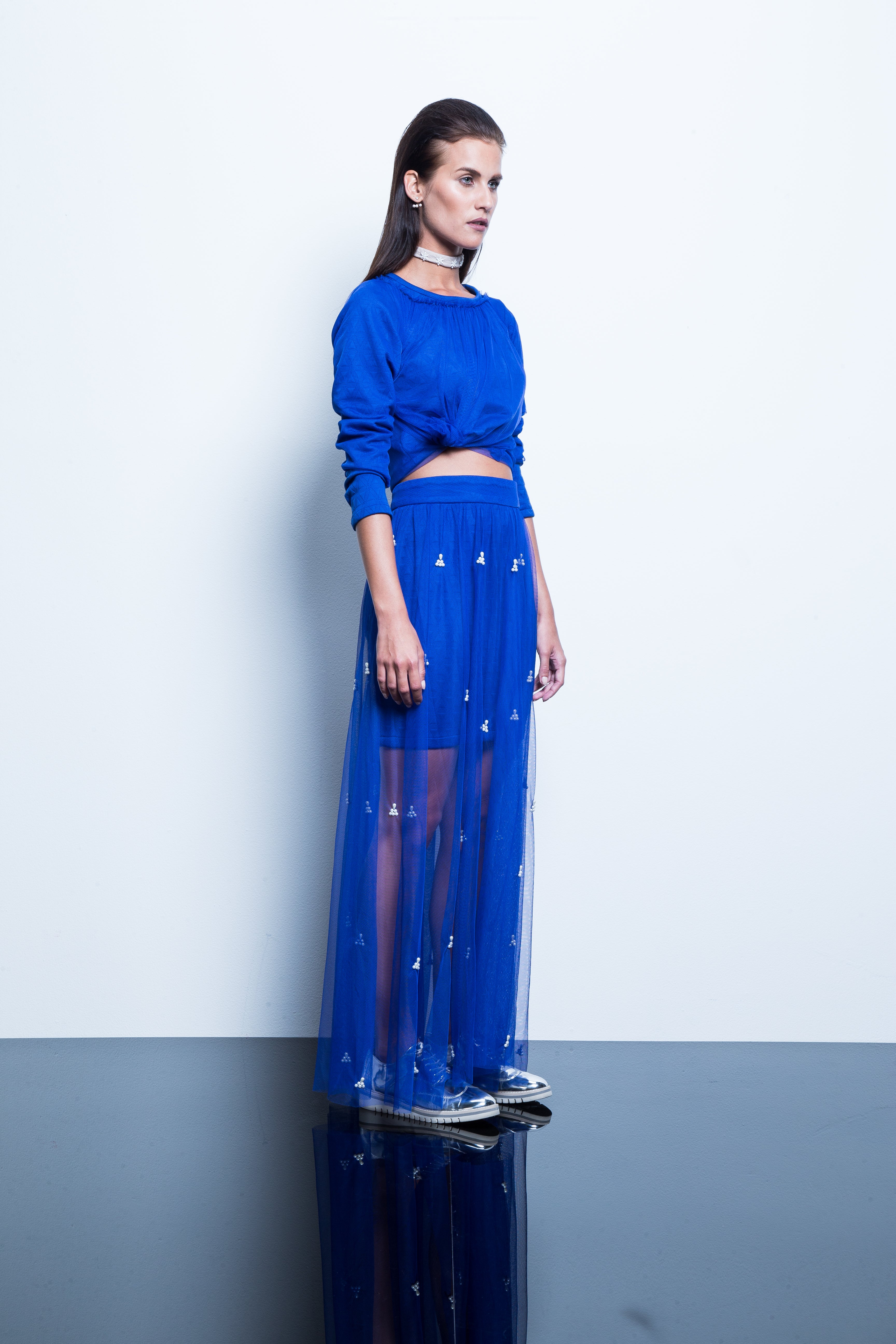 Cobalt Blue Skirt With Pearl Embroidery