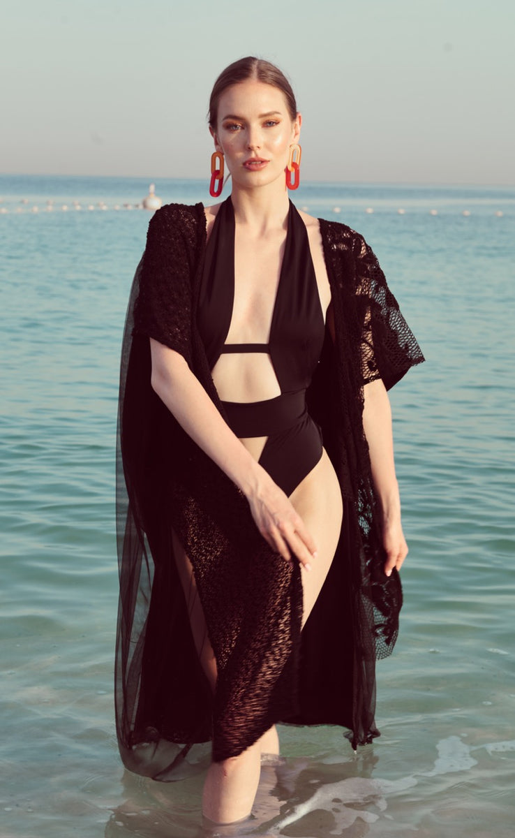 black lace kimono dress Luxurious Black Lace Kimono With Satin