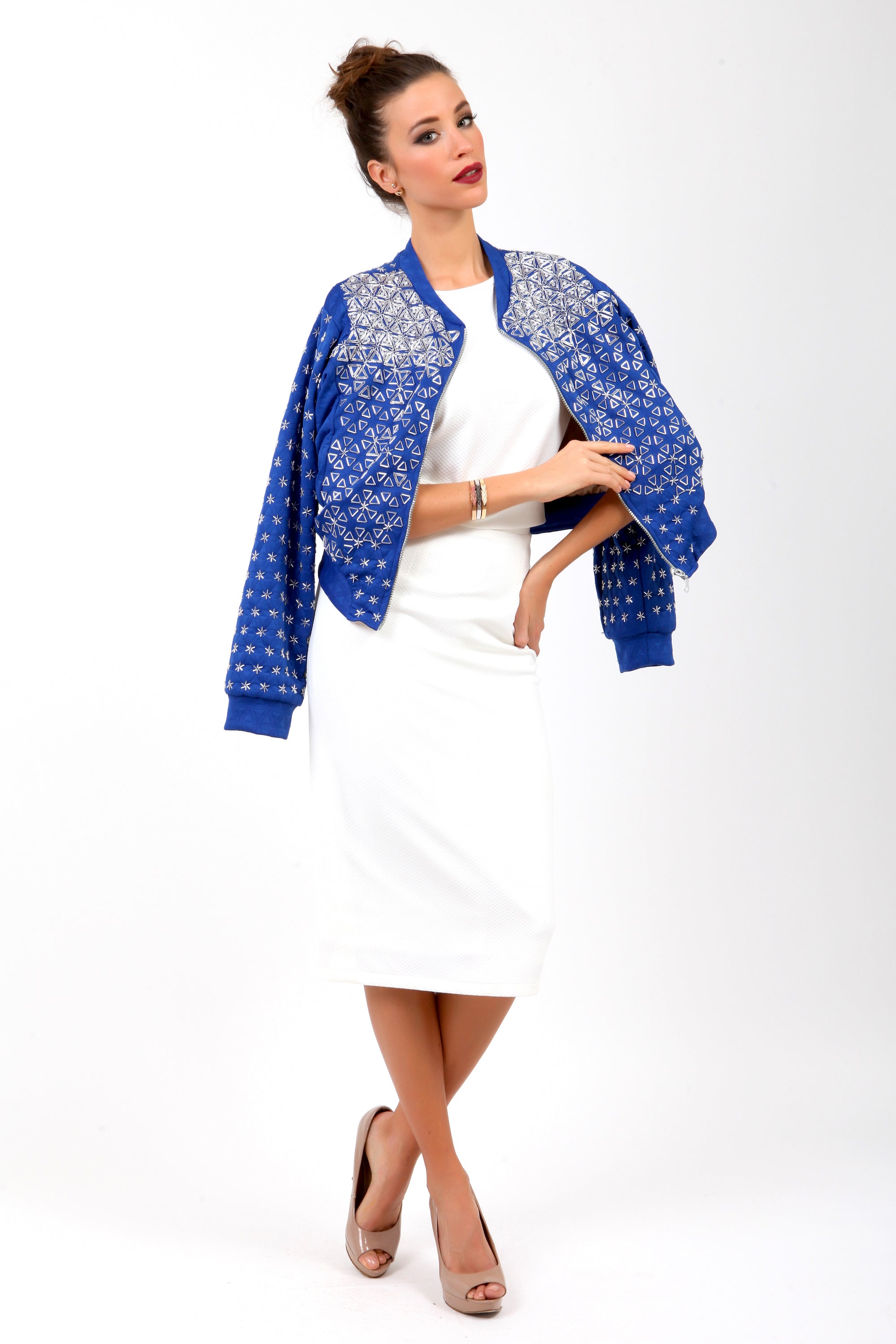 Blue Cobalt Bomber Jacket with Silver Embroidery