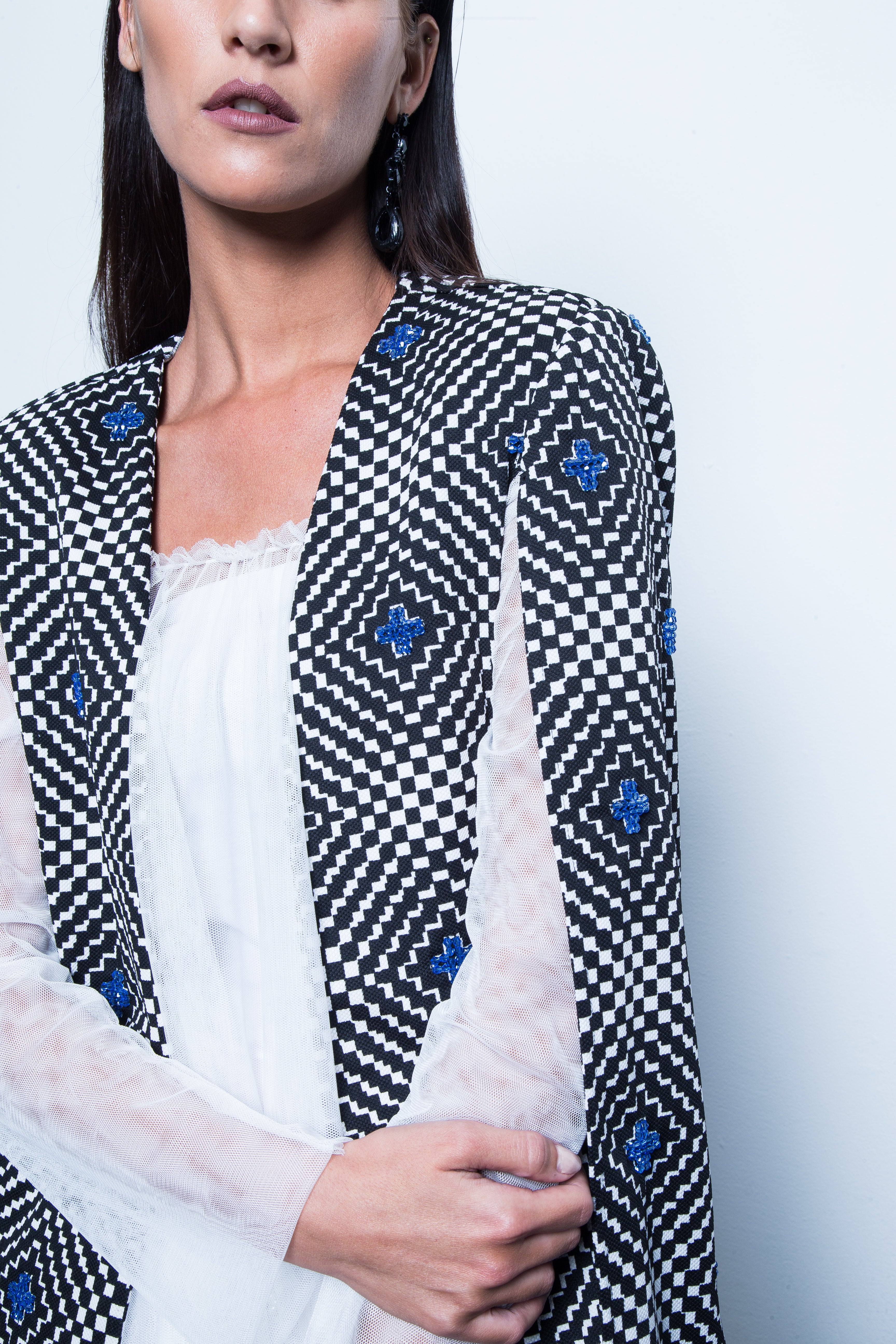 Patterned blazer cape with blue crystal hand embroidery