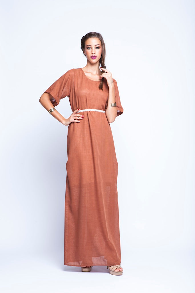 Tan Brown T shirt Dress With Pearl Belt