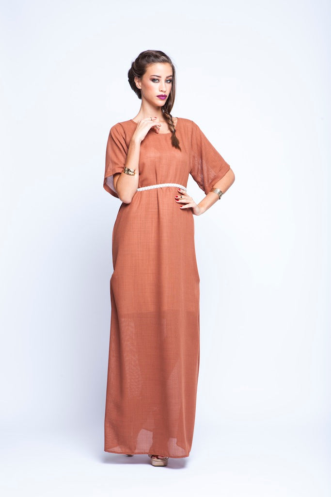 Tan Brown T shirt Dress With Pearl Belt