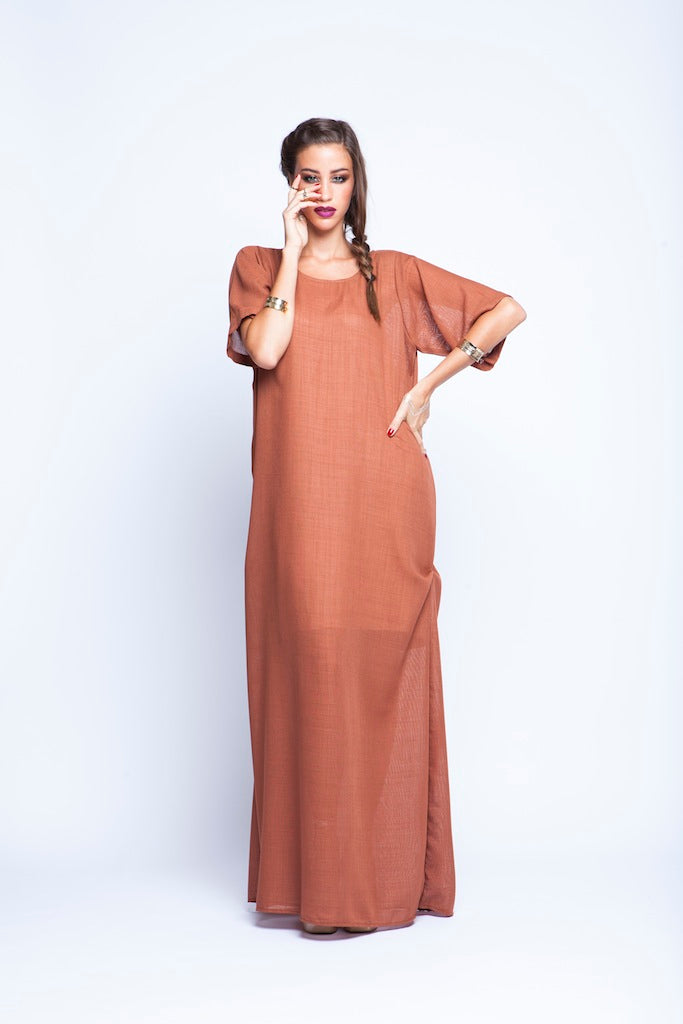 Tan Brown T shirt Dress With Pearl Belt