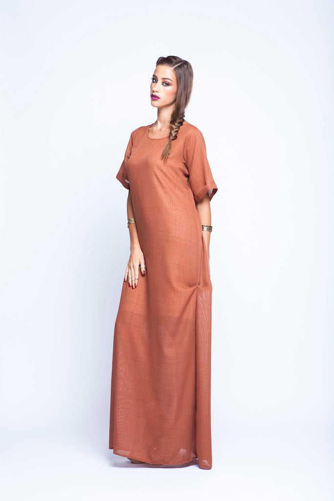 Tan Brown T shirt Dress With Pearl Belt