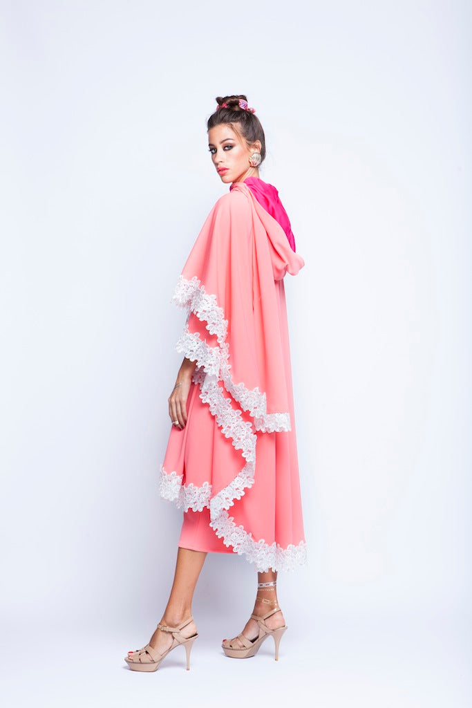 Baby Pink Puncho Wrap Cape With White Lace and small pearls