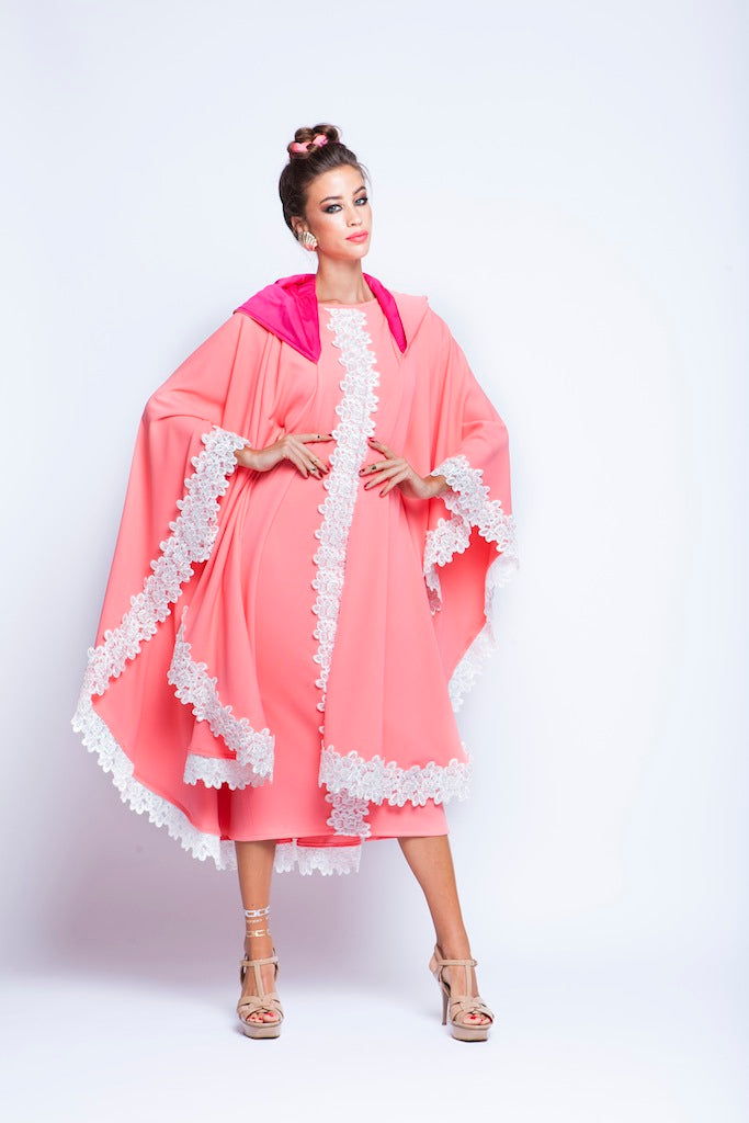 Baby Pink Puncho Wrap Cape With White Lace and small pearls