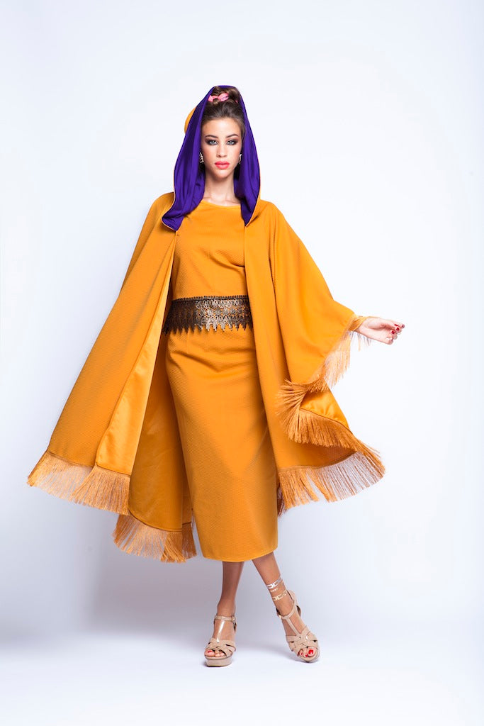 Ochre Puncho Hoodie Cape With Ochre Fringes