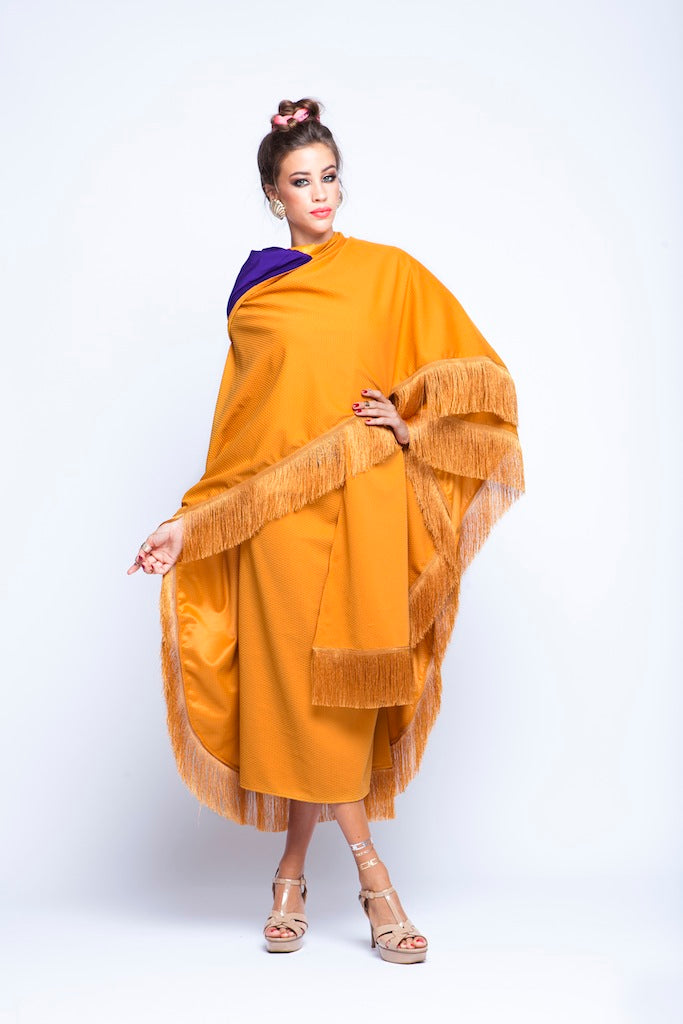 Ochre Puncho Hoodie Cape With Ochre Fringes