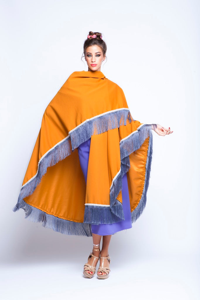 Ochre Puncho Wrap Cape With Silver Fringes