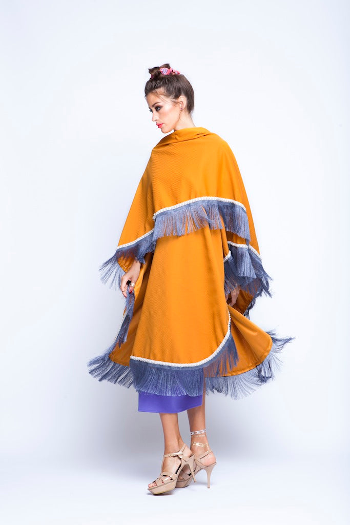 Ochre Puncho Wrap Cape With Silver Fringes
