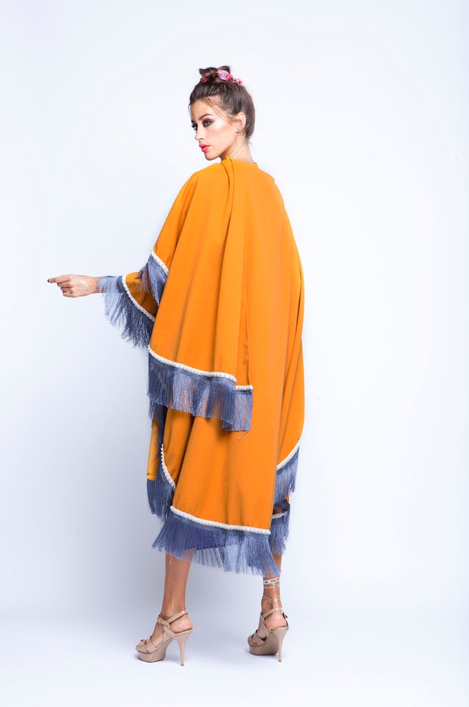 Ochre Puncho Wrap Cape With Silver Fringes