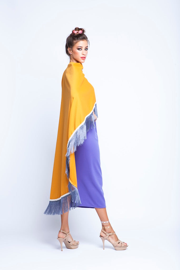 Ochre Puncho Wrap Cape With Silver Fringes