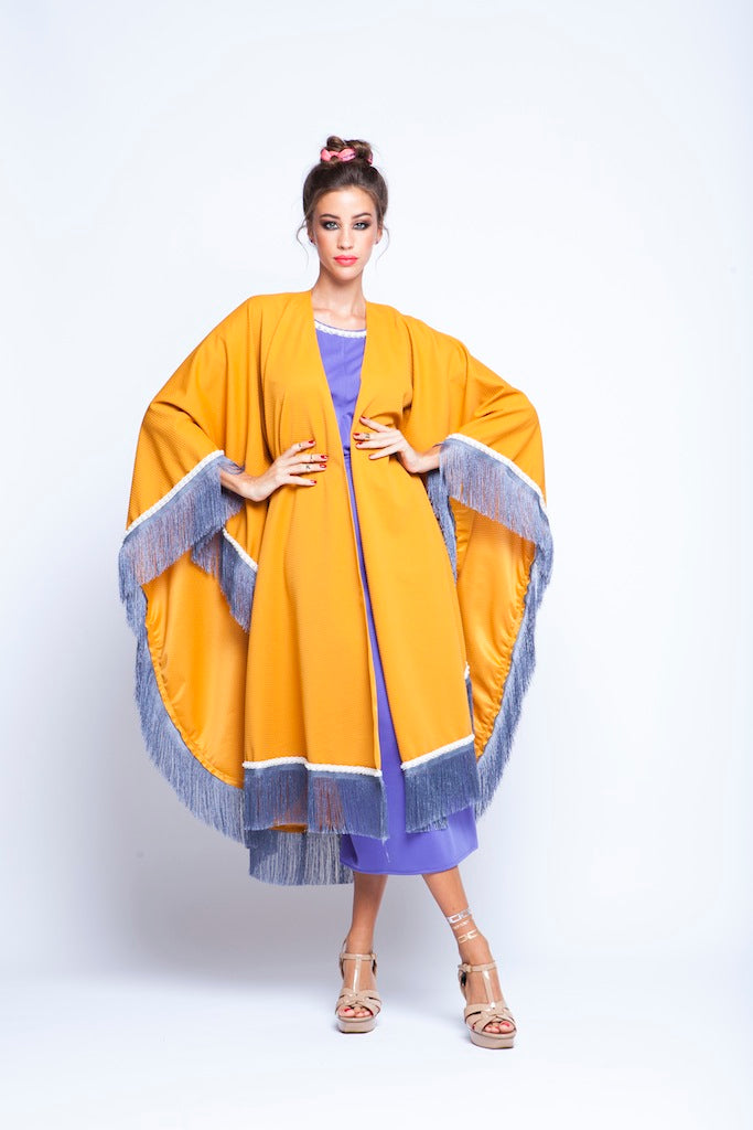 Ochre Puncho Wrap Cape With Silver Fringes