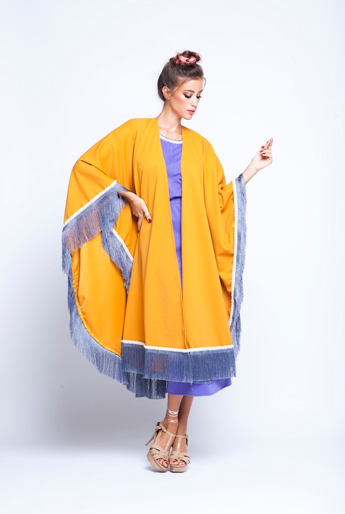 Ochre Puncho Wrap Cape With Silver Fringes