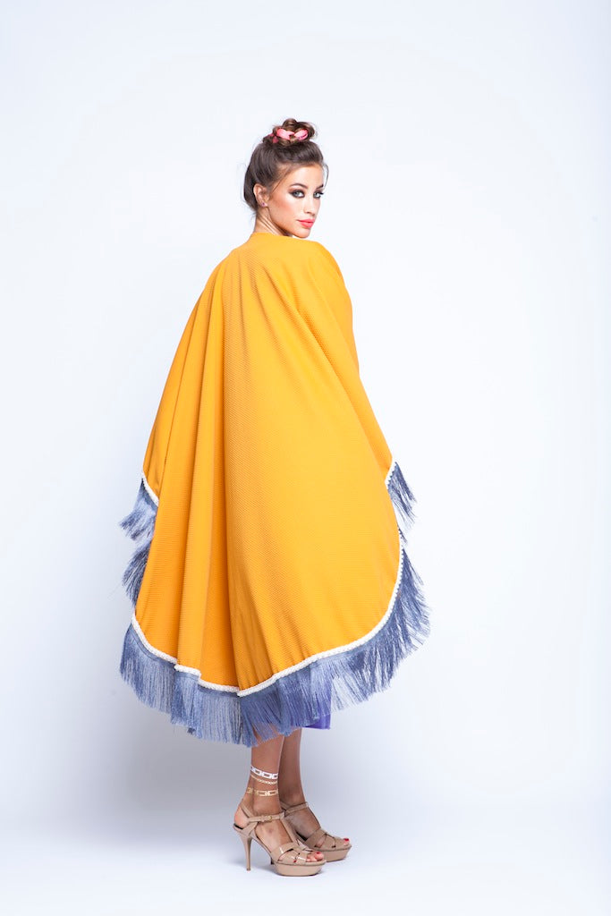 Ochre Puncho Wrap Cape With Silver Fringes