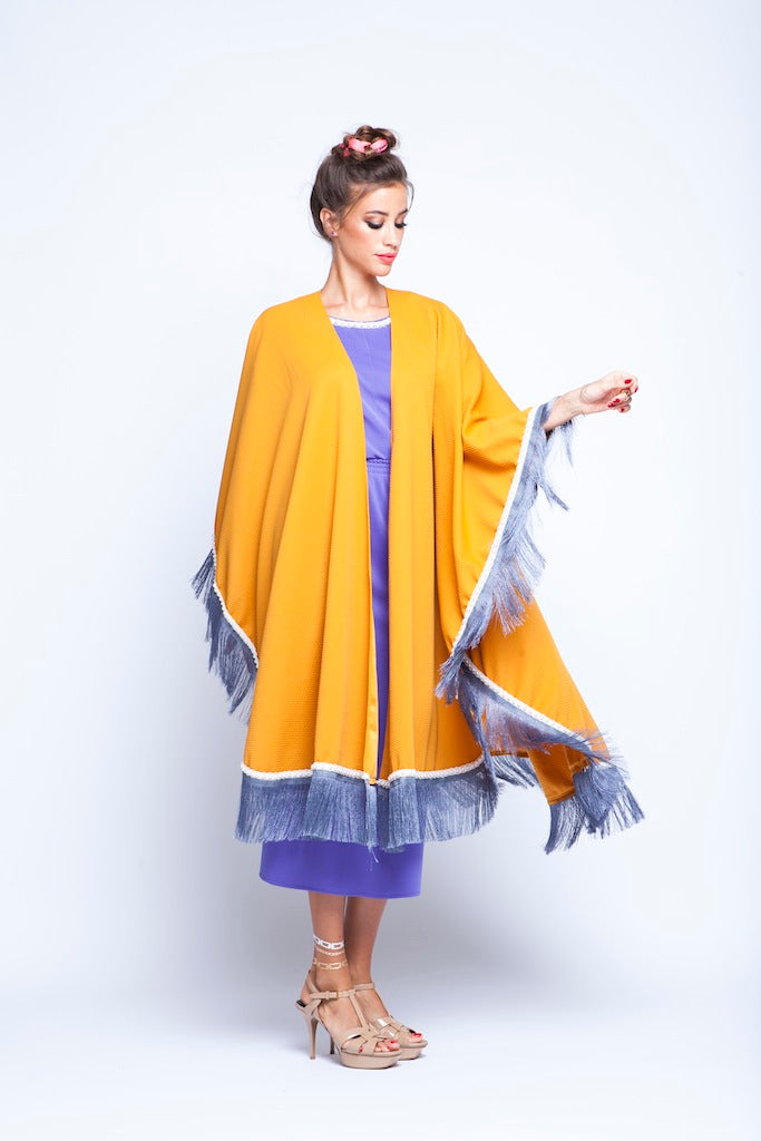 Ochre Puncho Wrap Cape With Silver Fringes