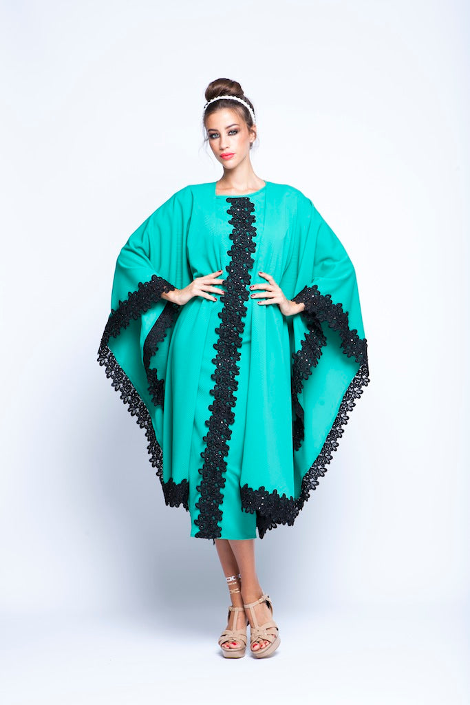 Green Puncho Wrap Cape With Black Lace