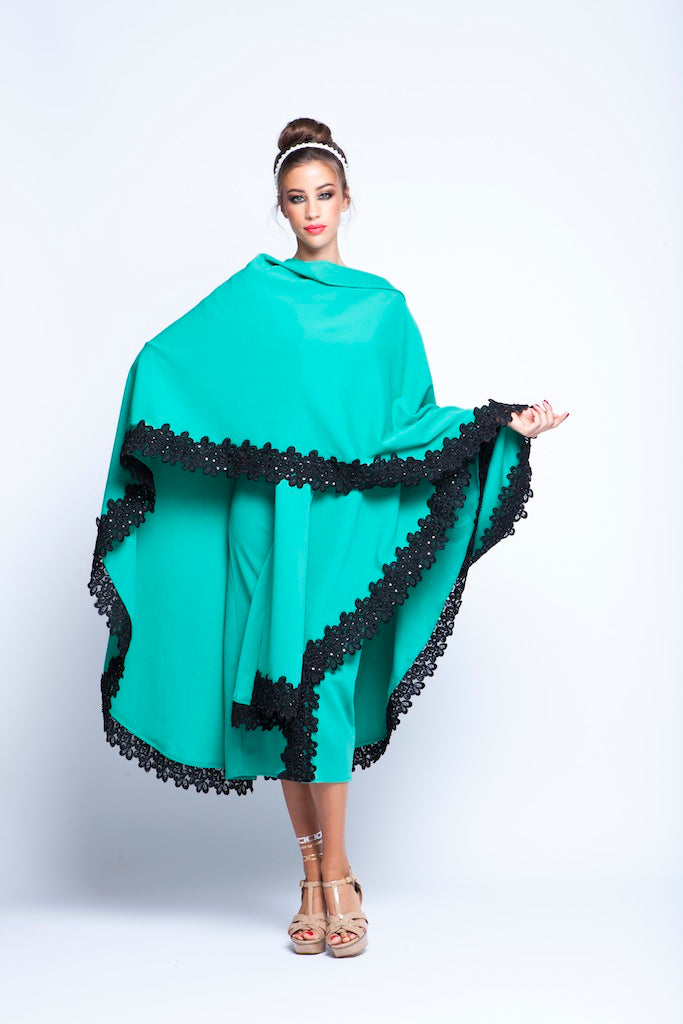 Green Puncho Wrap Cape With Black Lace