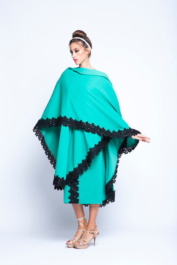 Green Puncho Wrap Cape With Black Lace
