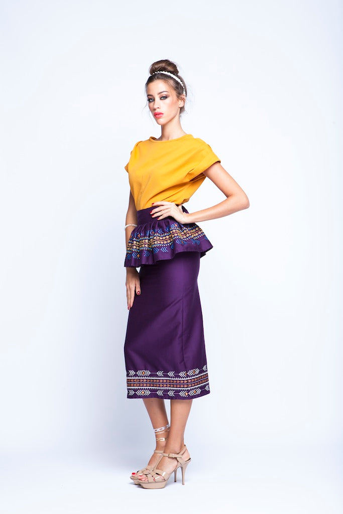 Ochre top And Purple skirt Twin Set With Peplum Embroidery