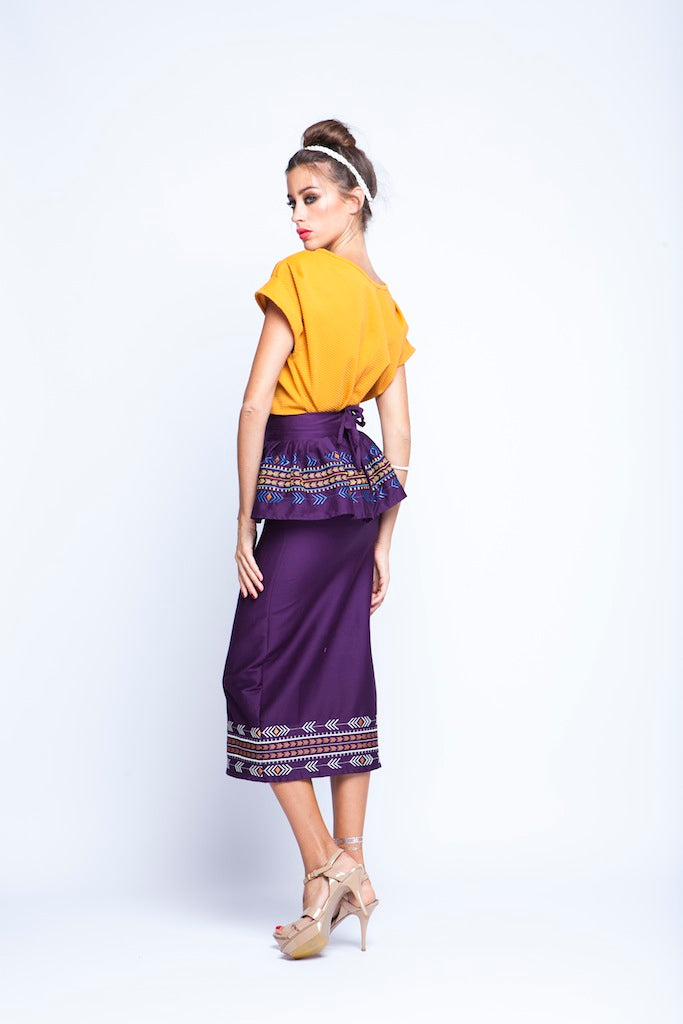 Ochre top And Purple skirt Twin Set With Peplum Embroidery