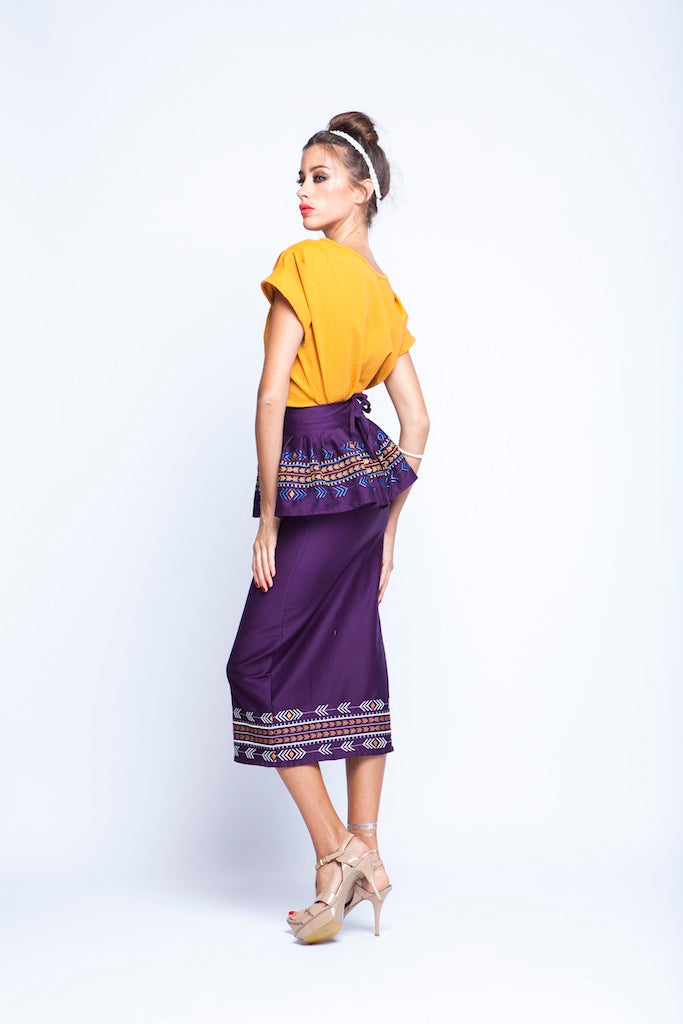 Ochre top And Purple skirt Twin Set With Peplum Embroidery