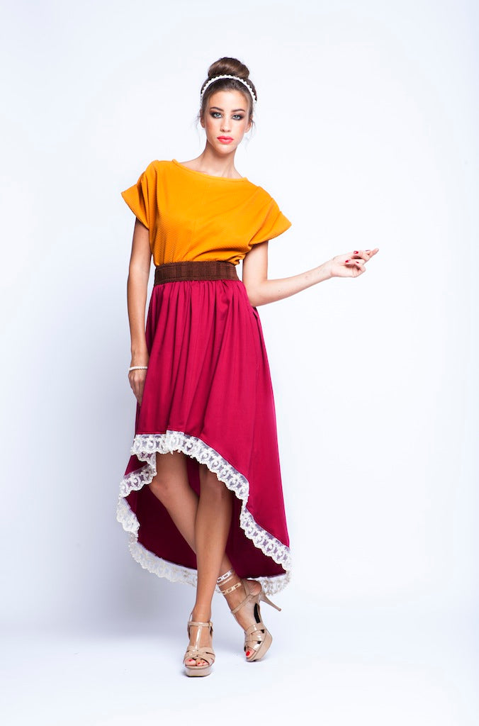 Ochre top And Maroon skirt Twin Set With Pearl Lace