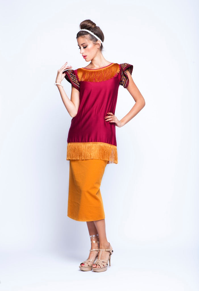 Maroon with Ochre Fringe and Ochre yellow skirt Twin Set With Fringes