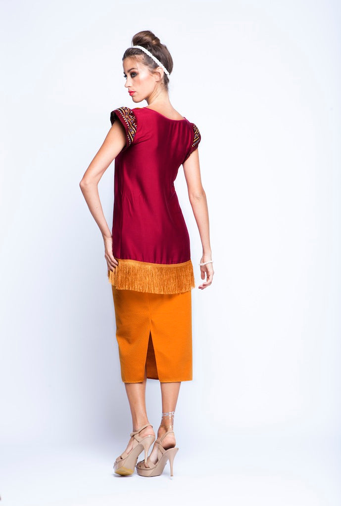 Maroon with Ochre Fringe and Ochre yellow skirt Twin Set With Fringes