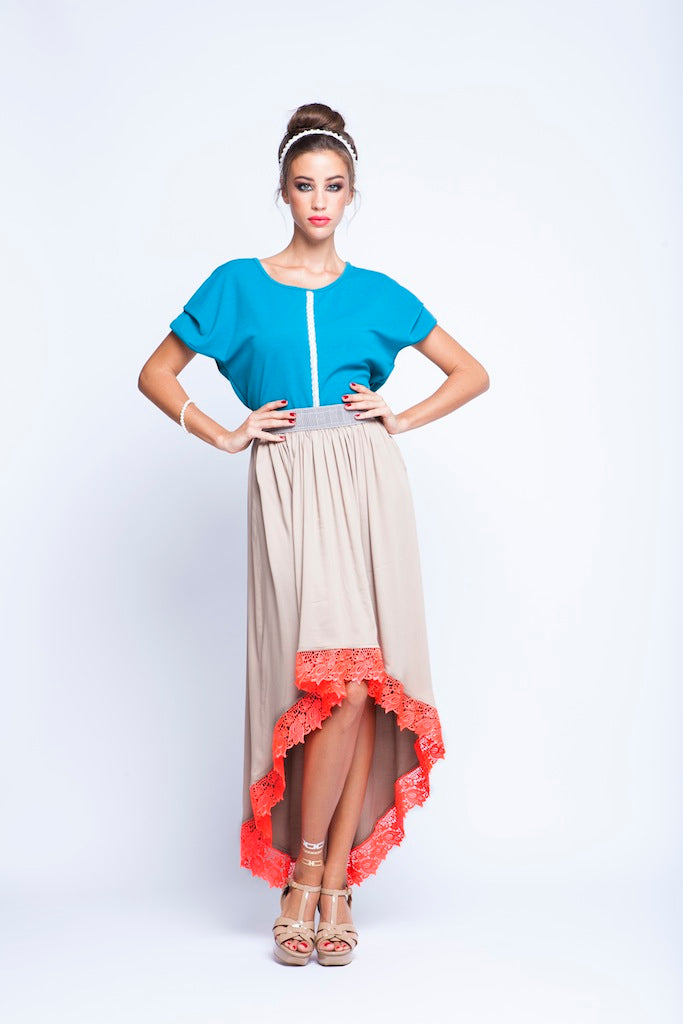 Blue Teal top And Beige skirt Twin Set With Orange Lace