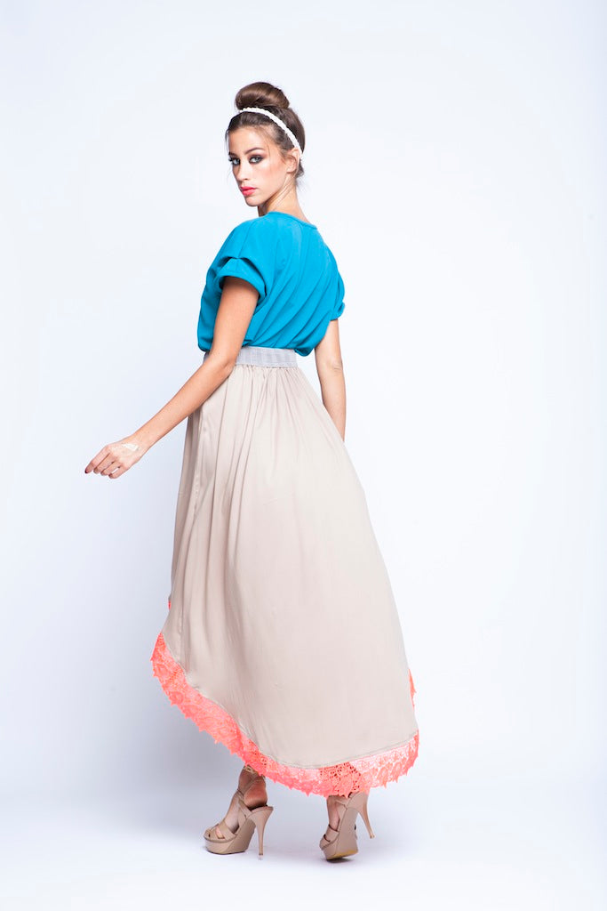 Blue Teal top And Beige skirt Twin Set With Orange Lace