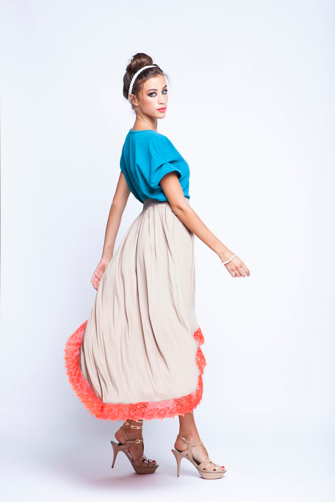 Blue Teal top And Beige skirt Twin Set With Orange Lace