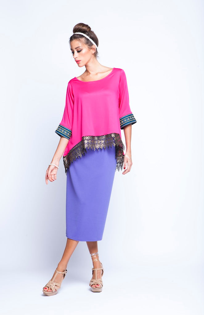 Fuscia Top With Lace And Embroidery