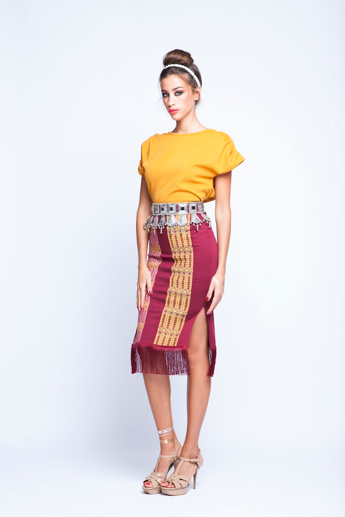 Maroon Rustic Skirt with Embroidery
