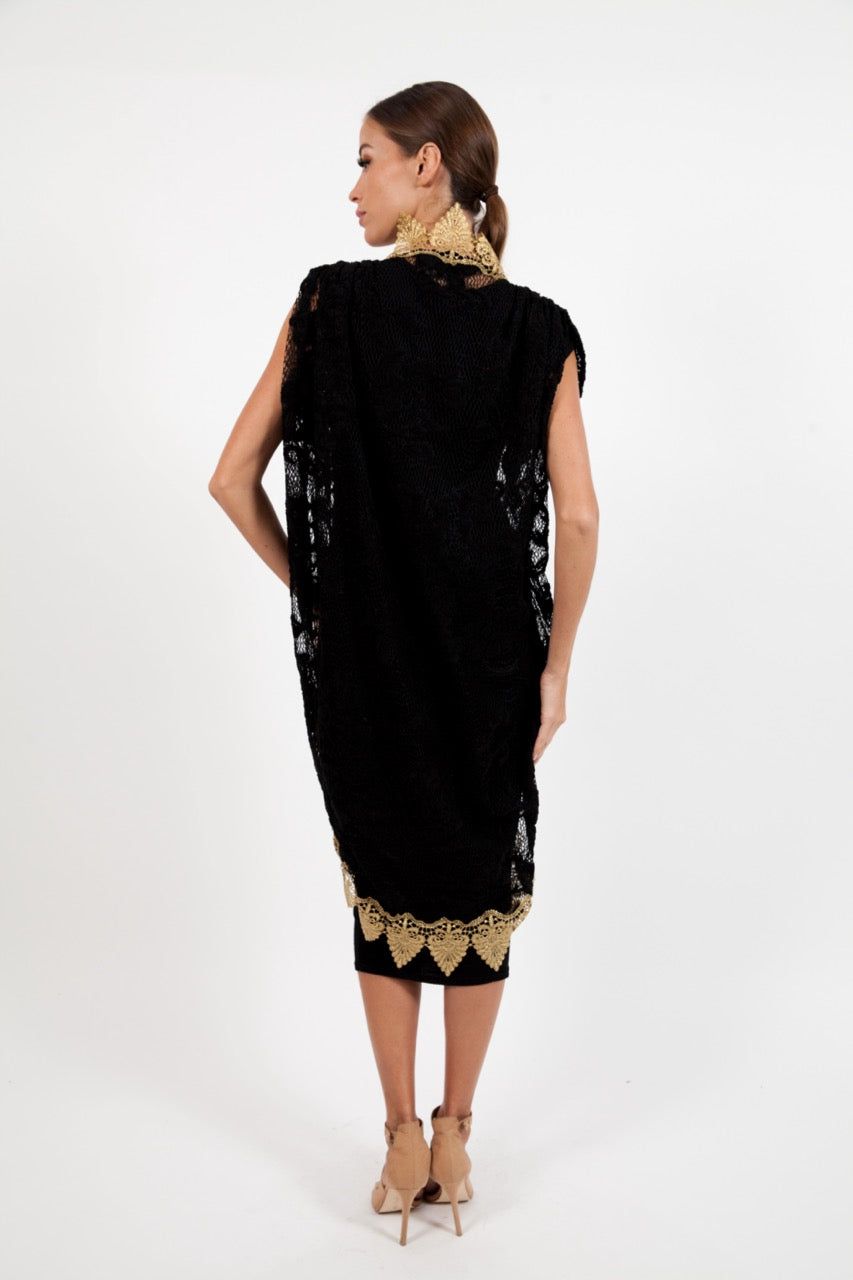 Black Dantelle Cape With Gold Lace Border