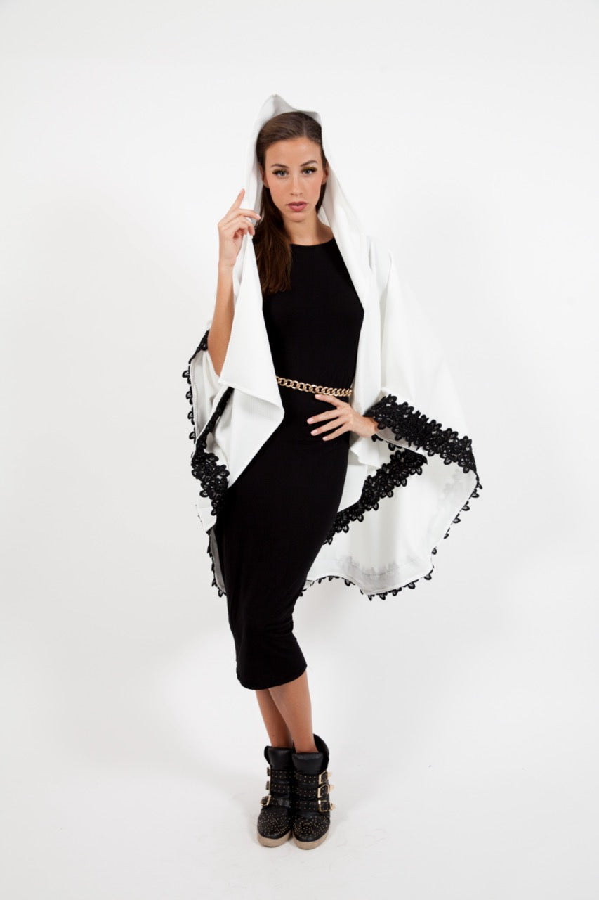 White Hoodie Cape With Black Embroidery
