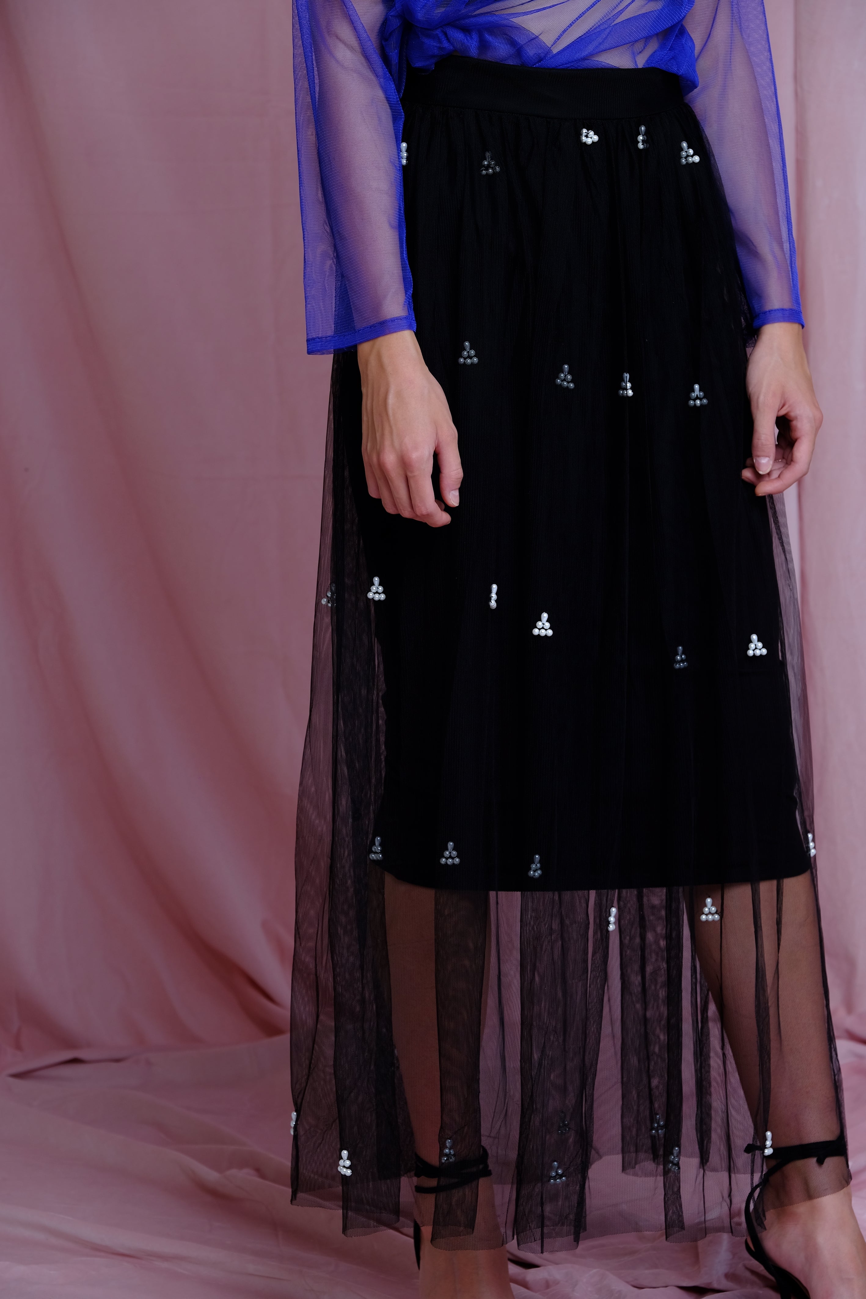 Black Tulle Skirt With Pearls
