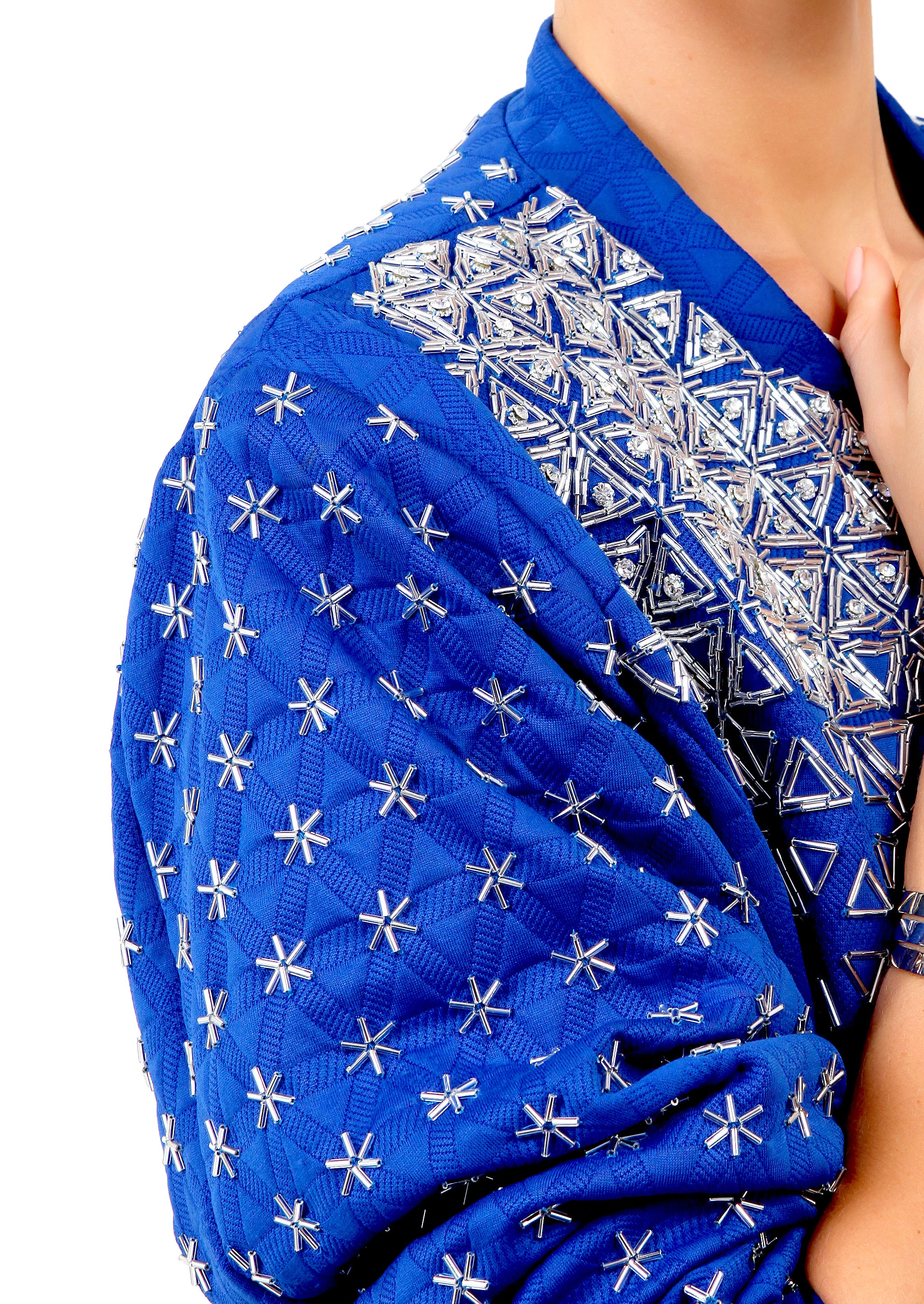 Blue Cobalt Bomber Jacket with Silver Embroidery
